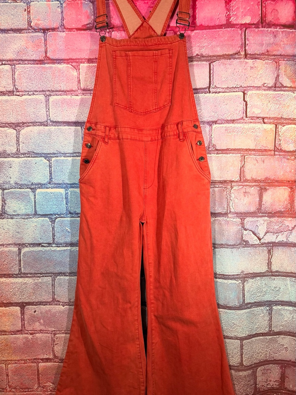 AnnieWear Women’s XL Red Wide Leg Overalls Boho Button Detail Jumpsuit